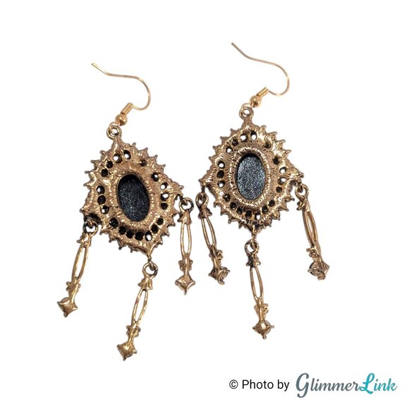 Vintage Style Black Cameo Gothic Chandelier Dangle Earrings Victorian Revival - Picture 7 of 8